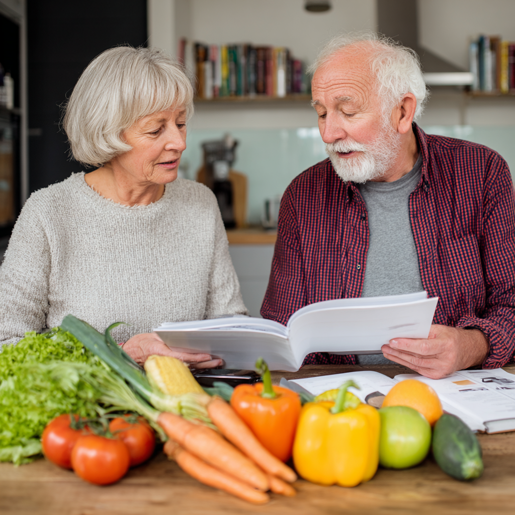 Healthy nutrition planning consultation with mature adults discussing balanced meal options