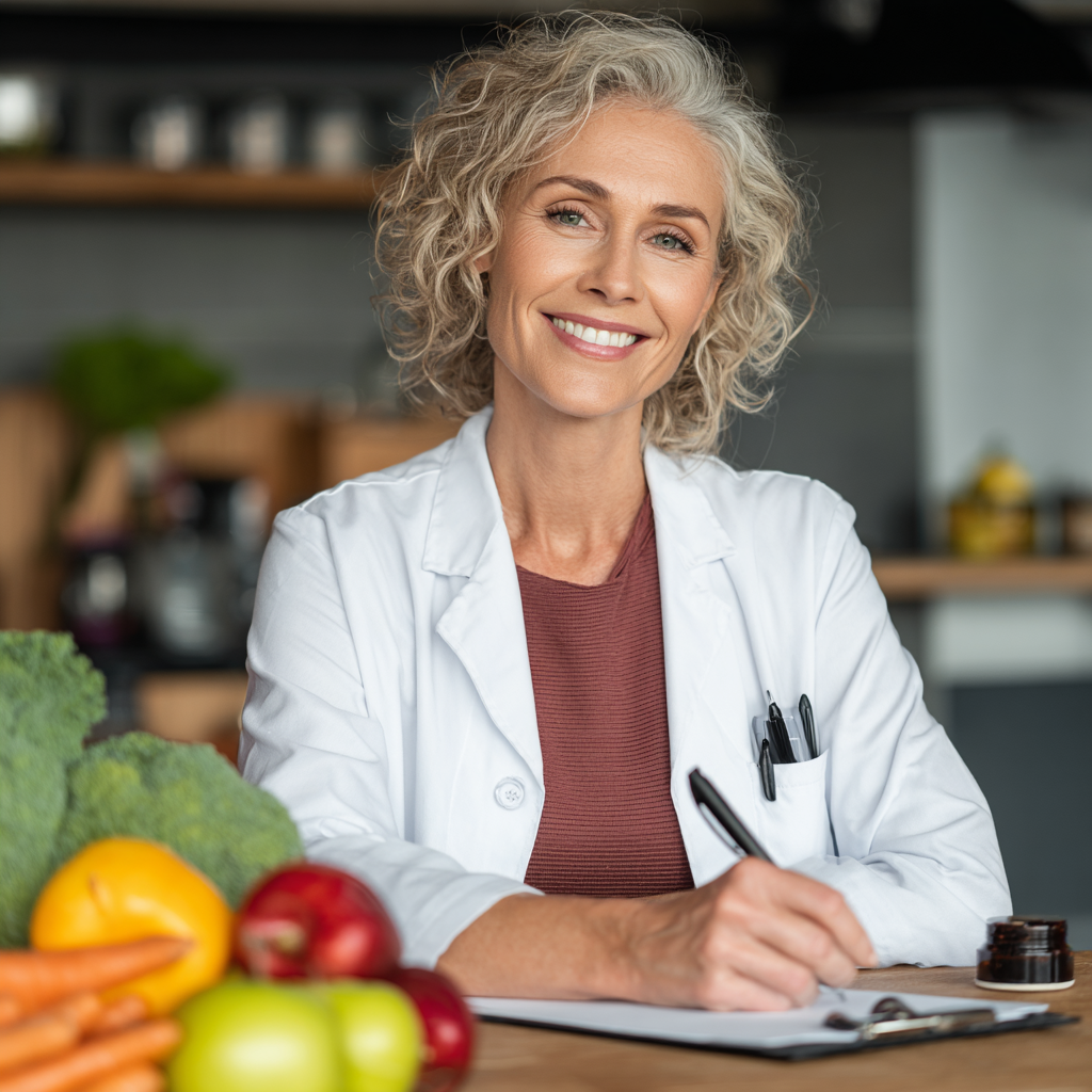Professional nutritionist creating personalized meal plans for middle-aged clients in modern consultation setting